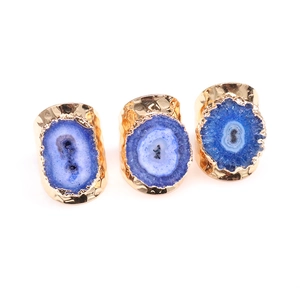 Adjustable gold-plated sun flower rings with natural raw blue agate druzy stones