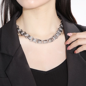 Close-up of 15mm chunky silver stainless steel chain necklace worn on neck