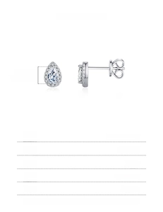 Detailed spec sheet showing 925 sterling silver pear cut moissanite stud earring size