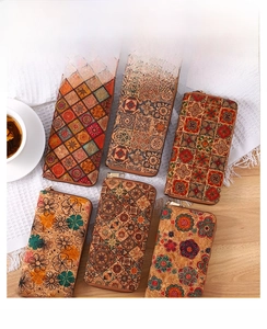 Collection of bohemian cork long wallets featuring ethnic patterns and mandalas