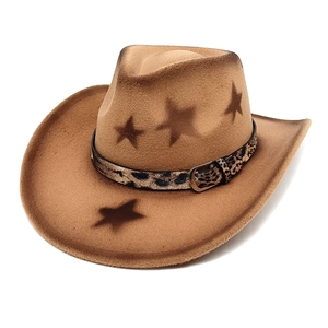 Brown western cowboy hat with star print, leopard belt and metal buckle on wool felt