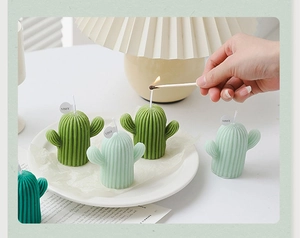 Détails de bougies parfumées en forme de cactus avec textures fines et dégradés de vert