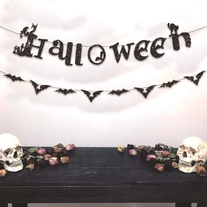 Halloween Banner Black Glitter Letter Bat Skull Tombstone Garland Party Decoration Creepy Haunted House Backdrop