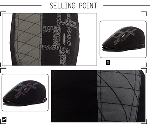 Detail of vintage patchwork newsboy cap featuring contrast embroidery and metal buckle