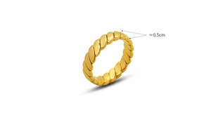 Detail shot of a 0.5cm gold twisted rope ring featuring a polished spiral wave texture