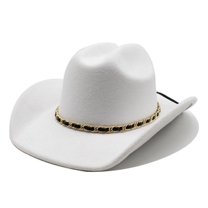 White wool felt cowboy hat with gold metal chain band and wide brim for men and women