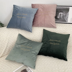 Square velvet throw pillow covers with gold embroidery love rewards the brave for sofa decor