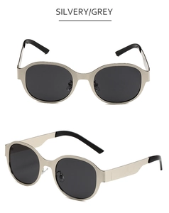 Détails de lunettes de soleil ovales en métal argenté avec verres gris foncé et larges branches