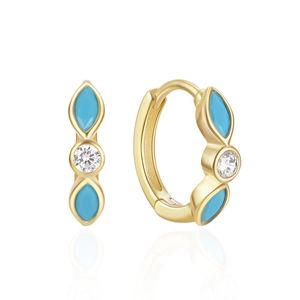 Macro detail of gold hoop earrings with marquise turquoise stones and clear zircon
