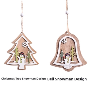 Close-up of laser-cut wooden Christmas tree and bell ornaments with snowman and beads