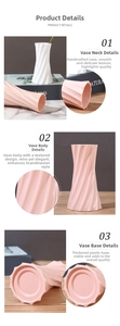 Detail of twisted spiral texture and thickened base on Nordic style plastic flower vase