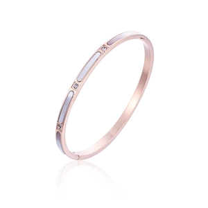 Rose gold titanium steel bangle with white shell inlay and sparkling crystals for women