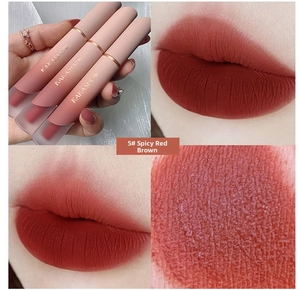 Macro detail of Kakashow matte lip glaze 05 spicy red-brown velvet texture and lip swatches