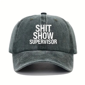Distressed charcoal grey baseball cap with Shit Show Supervisor print in white