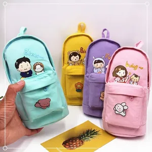 Creative backpack-shaped canvas pencil case in four pastel colors with cute cartoon patterns
