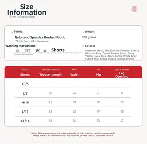 Tableau des tailles pour short de yoga taille haute avec mesures et conseils d'entretien