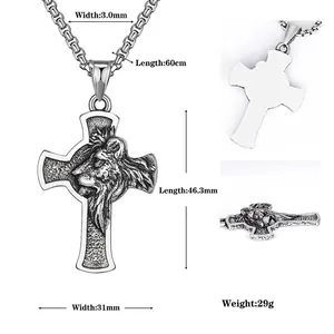 Retro lion head cross pendant necklace in stainless steel with 60cm bead chain for men