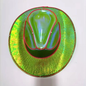 Top view of green holographic cowboy hat featuring red LED glowing wire and metallic finish