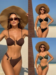 Sexy Women Ribbed Bikini Top And Bottom Swimsuit With Resin Bead Decor Solid Color Halter Beachwear Summer