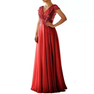 Elegant red sleeveless V-neck evening gown with sequins and flowing satin skirt