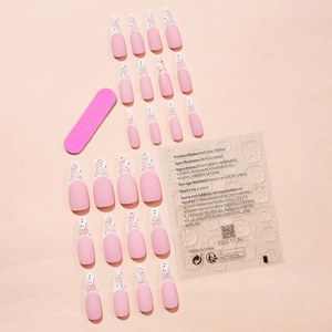 Long coffin fake nails with pink French tips, snowman relief art and adhesive kit