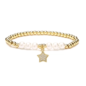 Golden 4mm copper bead bracelet with white pearls and a micro-set zircon star charm