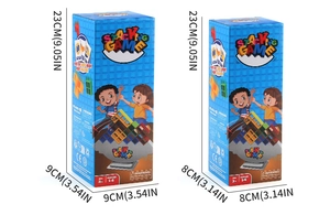 Detailed size comparison of stacking game box packaging with clear dimensions in inches