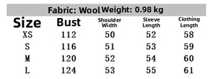 Detailed size chart for wool blend reversible cropped jacket including chest and length