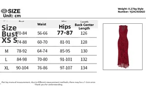 Tableau des tailles détaillé pour robe longue imprimée col en V du XS au XL en centimètres