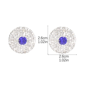 Detailed view of silver round rhinestone earrings with blue center gem and 2.6cm size guide