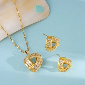 Elegant gold zircon geometric necklace and earrings set with hollow triangle knot design