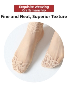 Detailed macro view showing delicate lace mesh pattern on women's beige cotton bottom socks