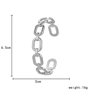 Silver chain-link open bangle showing 6.5cm by 5cm dimensions and 16g product weight