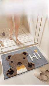 Detail of cartoon bear bath mat with soft flocking texture and absorbent fibers