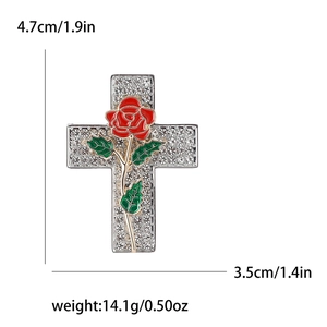 Detailed dimensions of silver cross brooch with red rose and crystal rhinestones