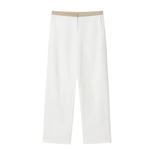 Women stylish white wide-leg suit trousers with contrast beige patchwork high waistband