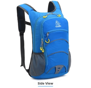 Detail view of lightweight blue hiking backpack with breathable mesh and yellow zip cords