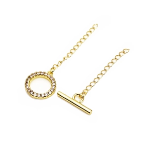 Macro detail of gold plated brass OT toggle clasp with micro paved zircon for DIY jewelry