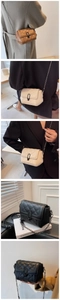 Detailed view of quilted crossbody bags in khaki, beige, and black with metal chains