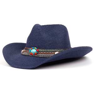 Navy linen Panama fedora hat with bohemian turquoise bead band for sun protection