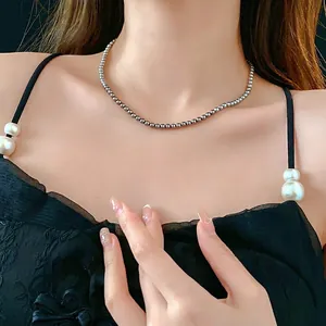 French style grey pearl necklace with minimalist clavicle chain design for women