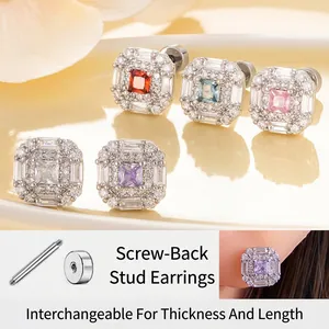 Titanium Steel Square Zircon Earrings Copper Cartilage Studs Women Screw Back Sleep Safe Geometric Luxury Jewelry