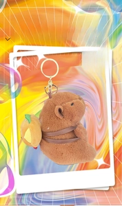 Detailed plush Capybara keychain featuring a brown fur texture and a cute burger backpack
