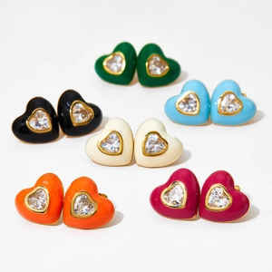 Set of six gold-plated heart stud earrings with colorful enamel and zircon stones