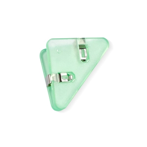 Close-up of a green triangular acrylic paper clip with a silver metal component