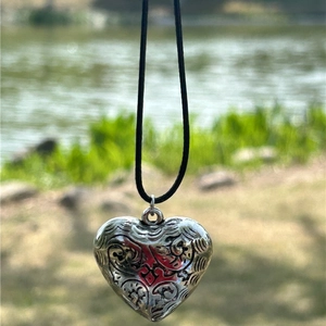 Vintage heart pendant necklace with floral engraving on black wax cord for women