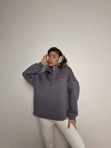 Women's oversized half-zip sweatshirt in charcoal grey with delicate logo embroidery