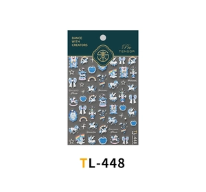 Close-up of TL-448 blue and white unicorn nail art stickers with rainbow and carousel