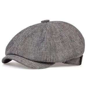 Classic grey linen newsboy cap with breathable textured fabric and structured octagonal shape