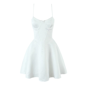Detailed view of the white satin corset bustier dress with structural wiring and A-line hem